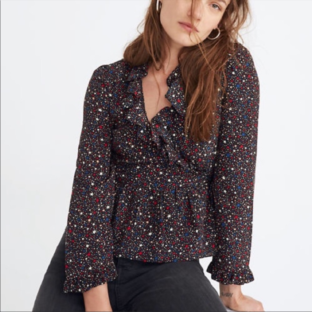 Madewell Silk Wrap Blouse Size Small Novelty Star Print USA Patriotic Summer